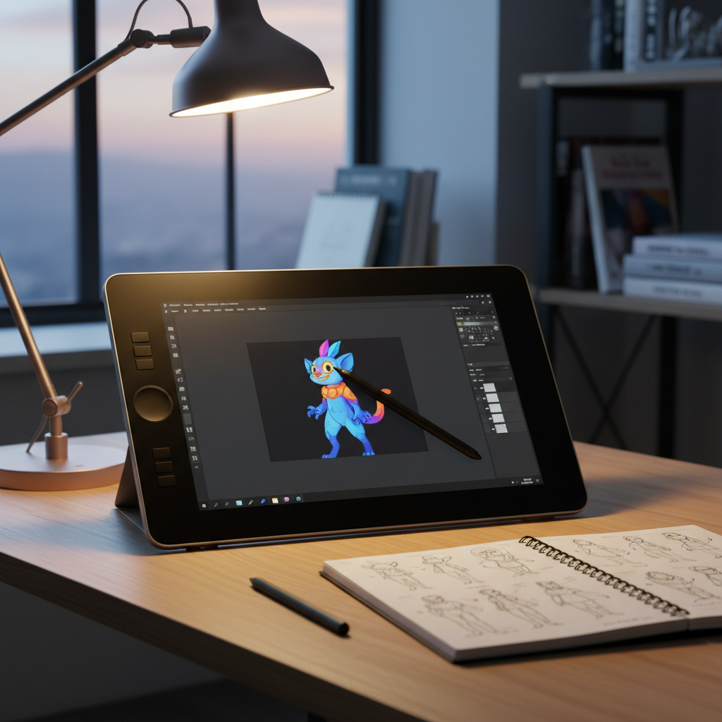 An elegant, minimalist desktop setup dedicated to digital art learning, featuring a high-resolution drawing tablet with a stylus resting diagonally across its matte-black surface, displaying an in-progress colorful character illustration with visible layer panels and tools. The tablet sits on a smooth light oak desk beside an open notebook filled with clean thumbnail sketches and arrows indicating improvement. Soft, warm desk-lamp lighting mixes with faint evening window light, creating a cozy yet productive ambiance. Photographic realism, shot at eye level with the tablet slightly angled toward the viewer, using a shallow depth of field so the background—blurred shelves with art books and sketchpads—fades softly. The mood is aspirational, modern, and professional, emphasizing the bridge between learning and a digital art career.