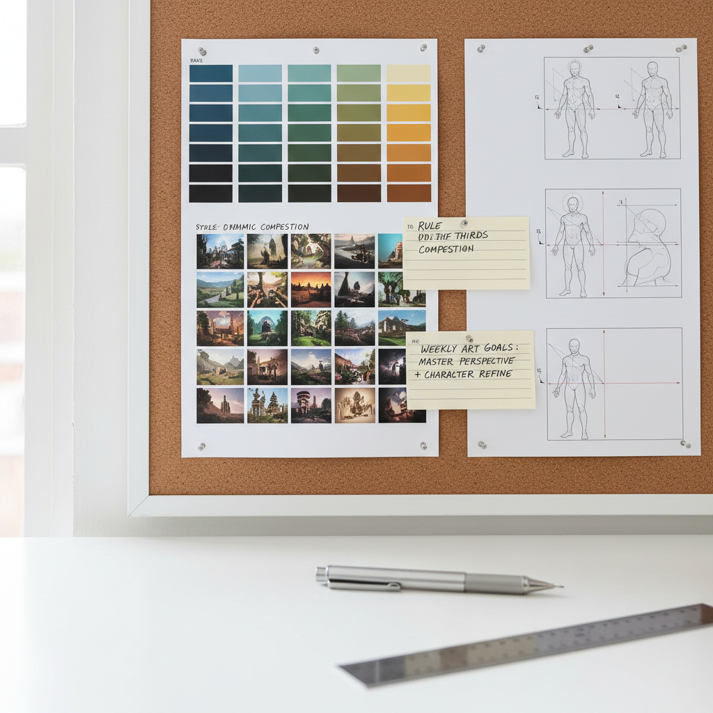 A close-up of a meticulously organized mood board on a cork wall, featuring pinned color swatches, printed thumbnails of digital illustrations, step-by-step art diagrams, and handwritten notes about composition and perspective. A sleek mechanical pencil and a steel ruler rest on a pristine white desk surface below. Soft overcast daylight from an unseen window illuminates the scene evenly, reducing harsh shadows and emphasizing paper textures and subtle ink marks. Photographic realism with a balanced, centered composition and moderate depth of field keeps the mood board in sharp focus while the desk edge gently blurs. The atmosphere feels methodical, educational, and goal-oriented, perfectly capturing structured artistic learning and planning a professional artistic career.