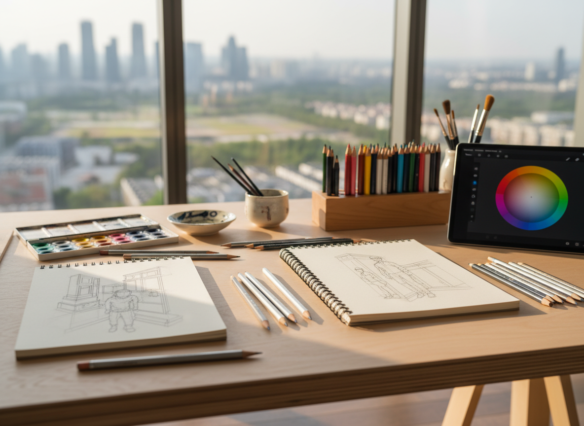 A spacious, sunlit art studio table covered with neatly arranged professional art supplies, including open sketchbooks filled with clean line drawings, sharpened graphite pencils, vibrant colored pencils, watercolor pans, and a tablet displaying a color wheel. The table is a light birch wood surface, positioned near a large window overlooking a softly blurred urban landscape. Gentle late-morning natural light streams in, casting soft highlights on metallic pencil ferrules and subtle shadows along paper edges. Photographic realism with a clean, modern aesthetic, shot from a slightly elevated angle with shallow depth of field. The mood is focused yet inviting, symbolizing the transition from hobby to profession in artistic education, with crisp details and a calm, aspirational atmosphere.