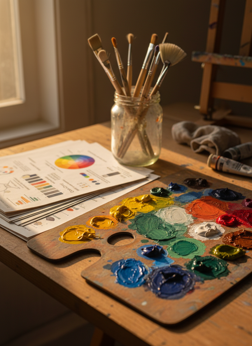 A detailed close-up of a painter’s workspace focused on a heavy wooden palette covered in neatly separated dabs of rich oil paints in primary and secondary colors, some gently blended into smooth gradients. Nearby lies a stack of printed tutorial sheets explaining color theory and brush techniques, with diagrams and color wheels clearly visible. A glass jar holds clean, premium brushes with varied bristle shapes. Golden hour sunlight pours through an unseen side window, grazing the surface of the palette and catching subtle glints on wet paint, casting elongated, soft shadows. Photographic realism, captured from a low, intimate angle, using selective focus on the palette and tutorials. The mood is warm, studious, and inspirational, reflecting guided artistic education and deepening craft toward a professional level.