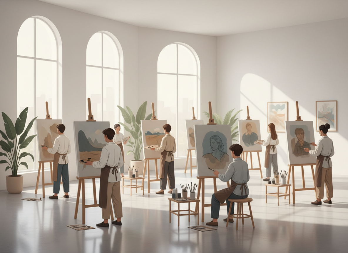 horizontal illustration of advanced drawing and painting students working on easels in a modern art studio, calm neutral colors matching a minimalist website, no text