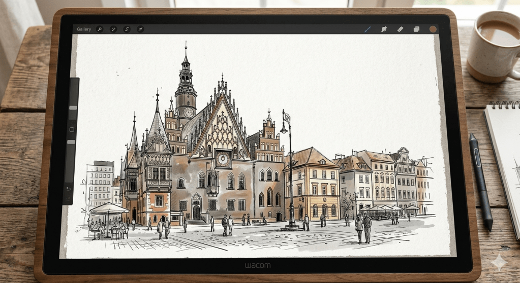 Szkic starego miasta we Wrocławiu wykonany na tablecie graficznym. Rysunek jest wykonany monochromatycznych barwach i przedstawia ratusz na rynku głównym. 